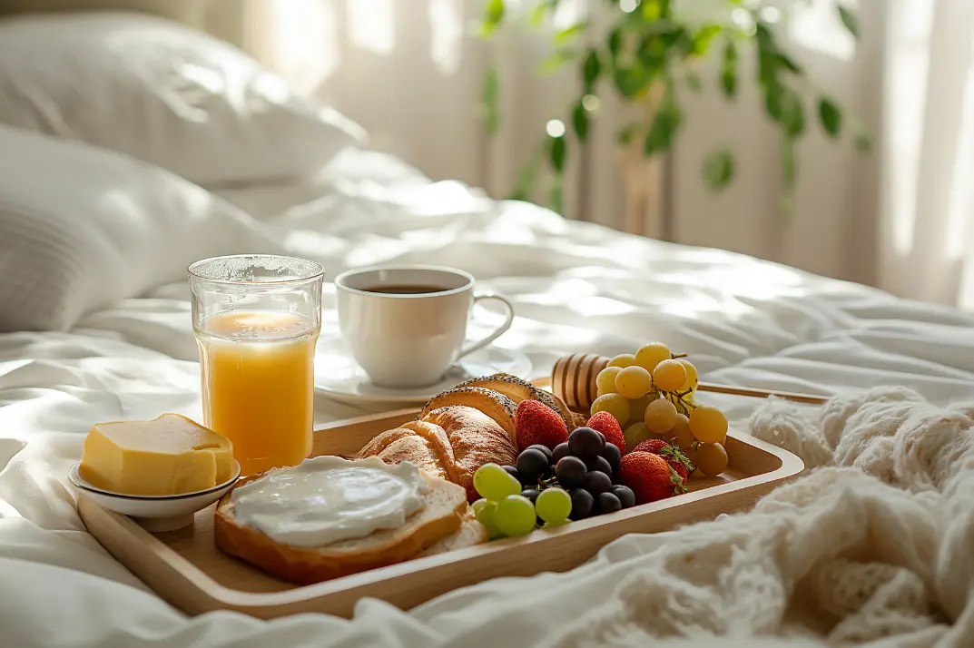Photo d'un plateau de petit-déjeuner sur un lit.